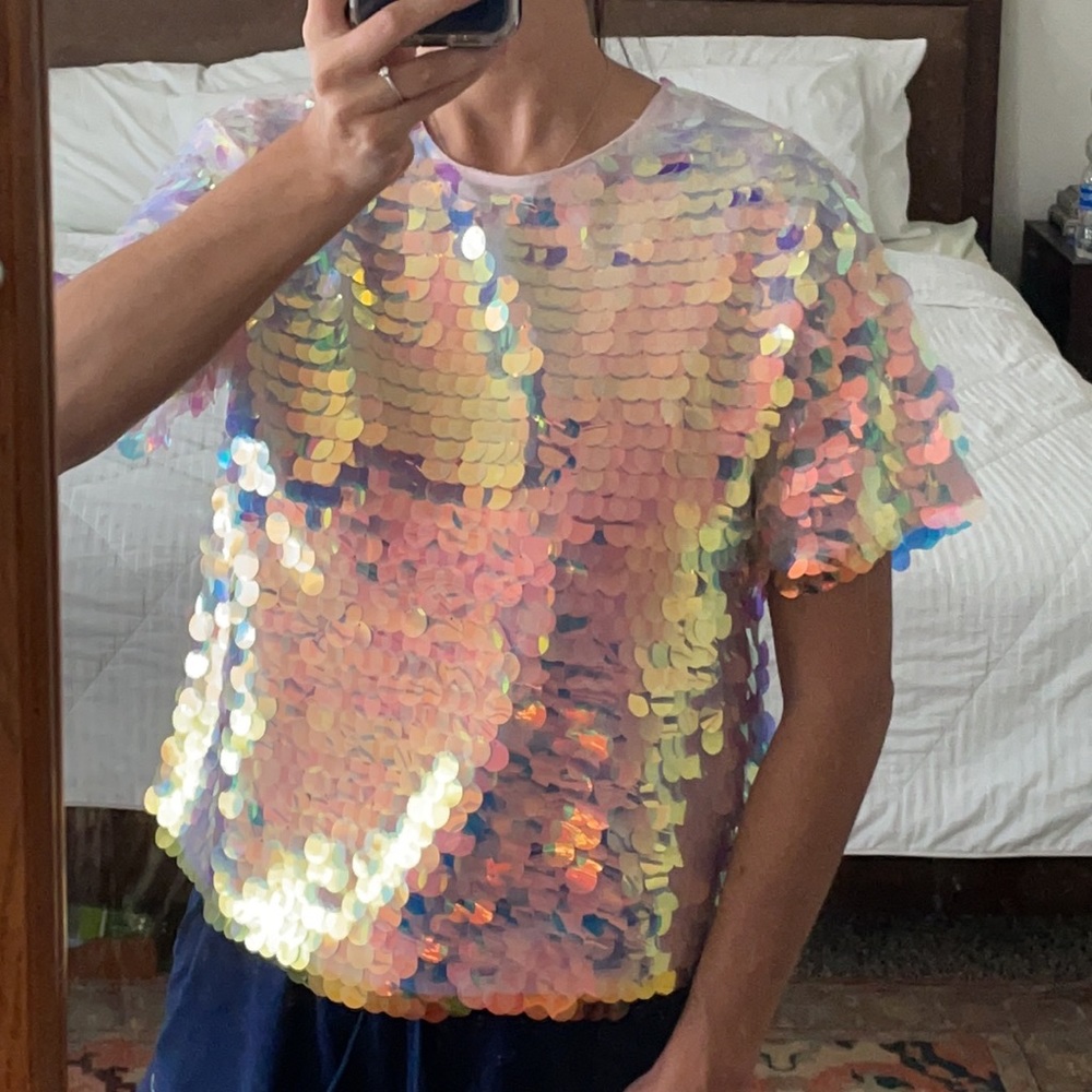 Le Superbe Mimosa Sequined T Shirt Top Shimmery Oversized Tee Size 2 - Picture 17 of 17